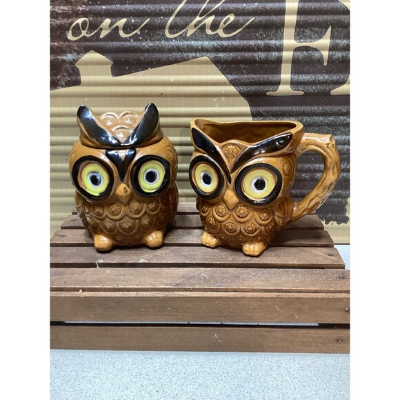 Vintage Owl Sugar and Cream Set Made in Japan - Picture 1 of 15